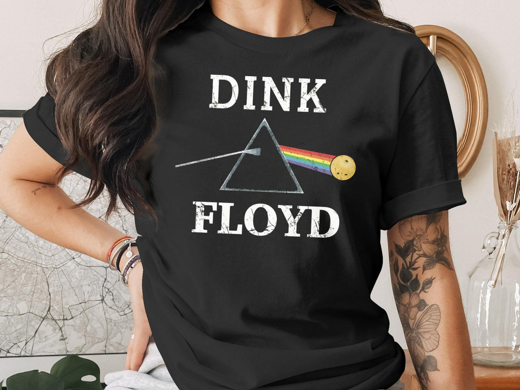 Black t-shirt with DINK FLOYD prism and bowling ball design.
