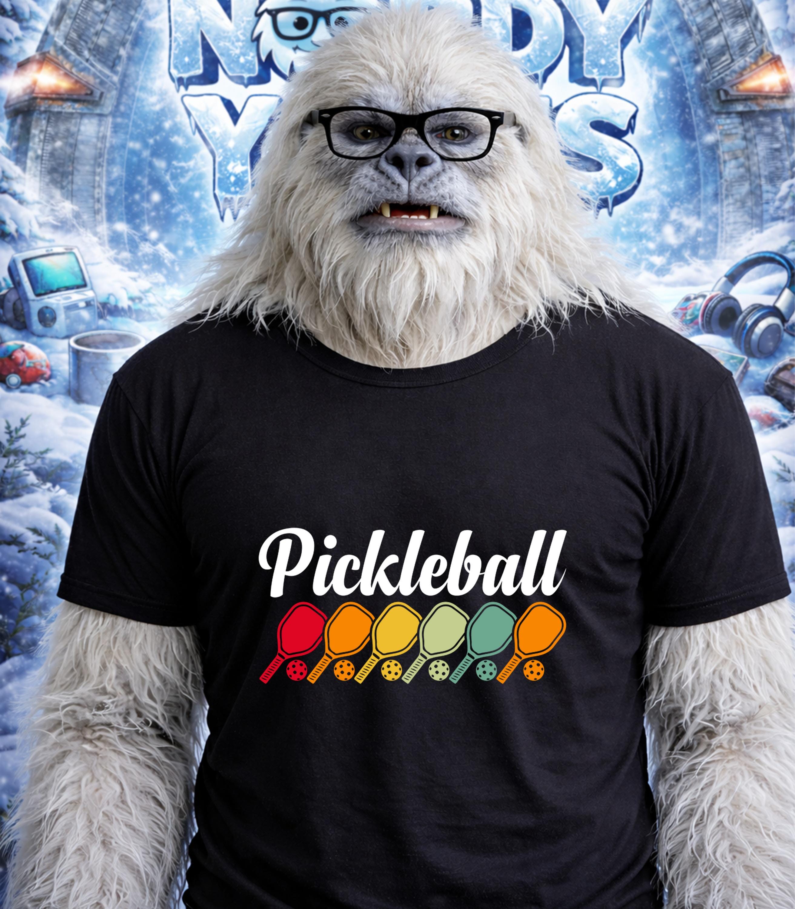 Yeti wearing glasses and a t-shirt with rainbow pickleball paddles.