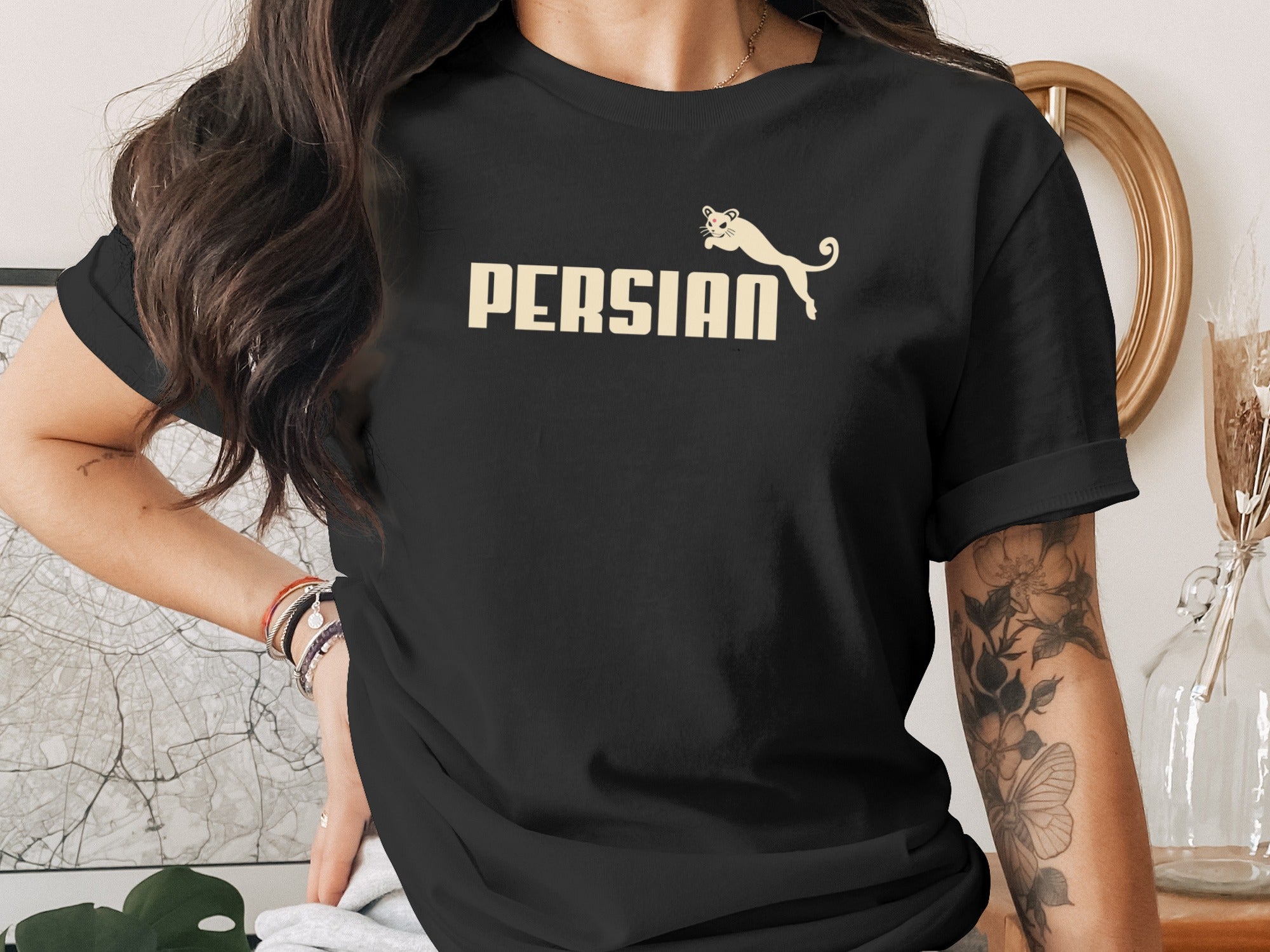 Black t-shirt with "PERSIAN" text and a leaping cat graphic.