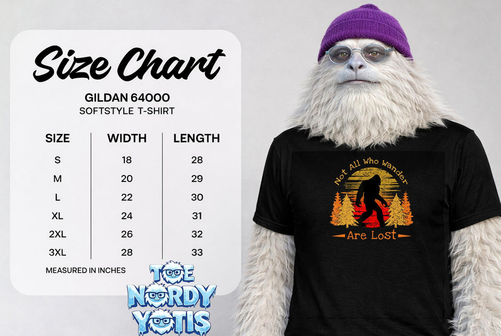 Gildan 64000 Softstyle T-shirt size chart with Bigfoot graphic.