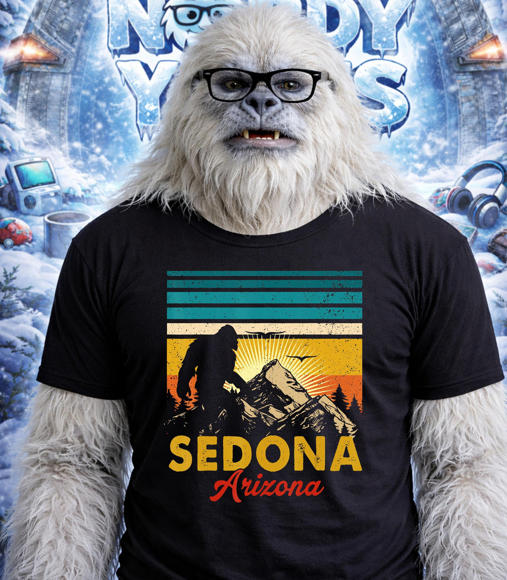 Yeti wearing t-shirt with Sedona Arizona sunset graphic.