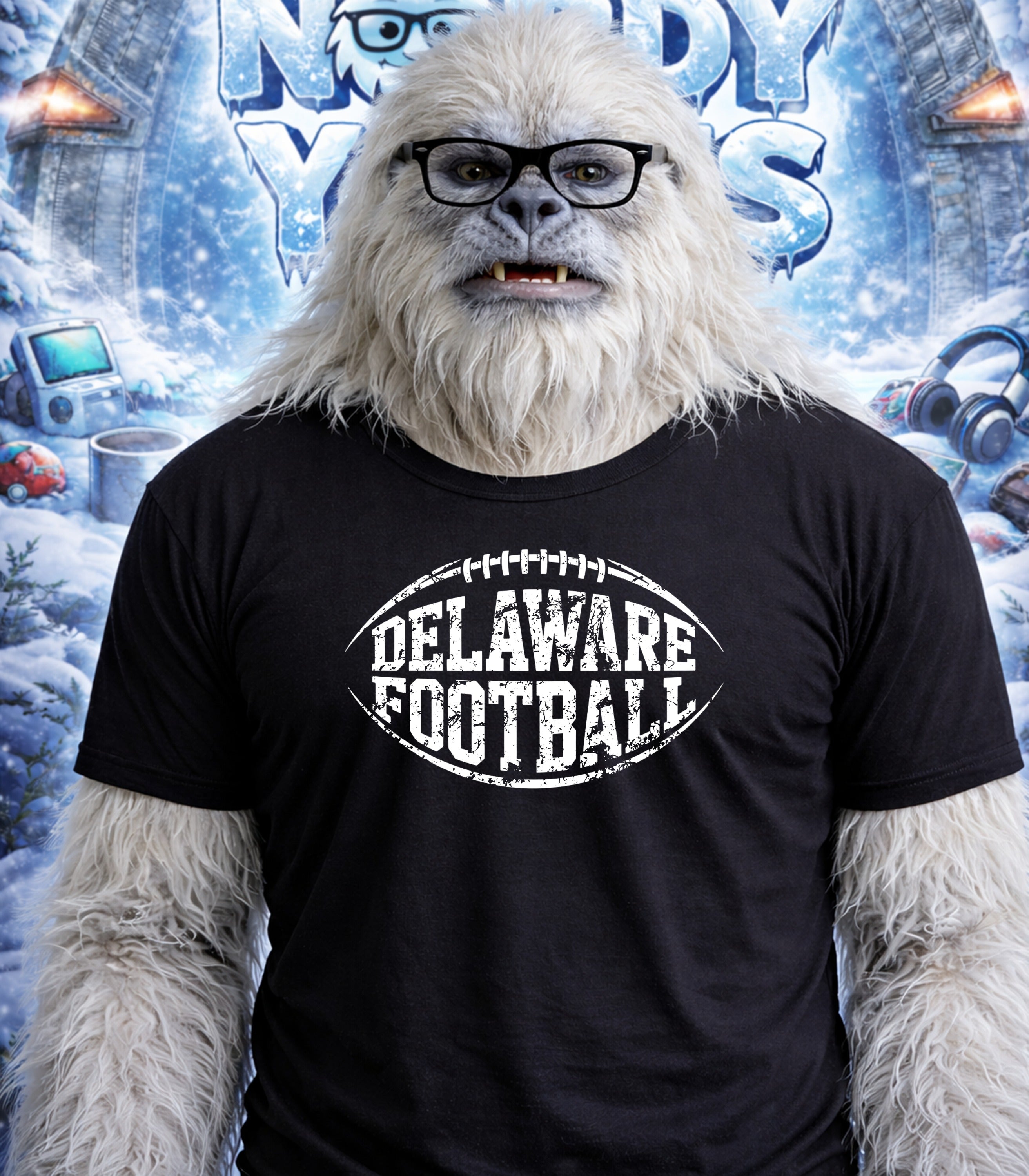 Yeti wearing glasses and a black t-shirt with "DELAWARE FOOTBALL" text.