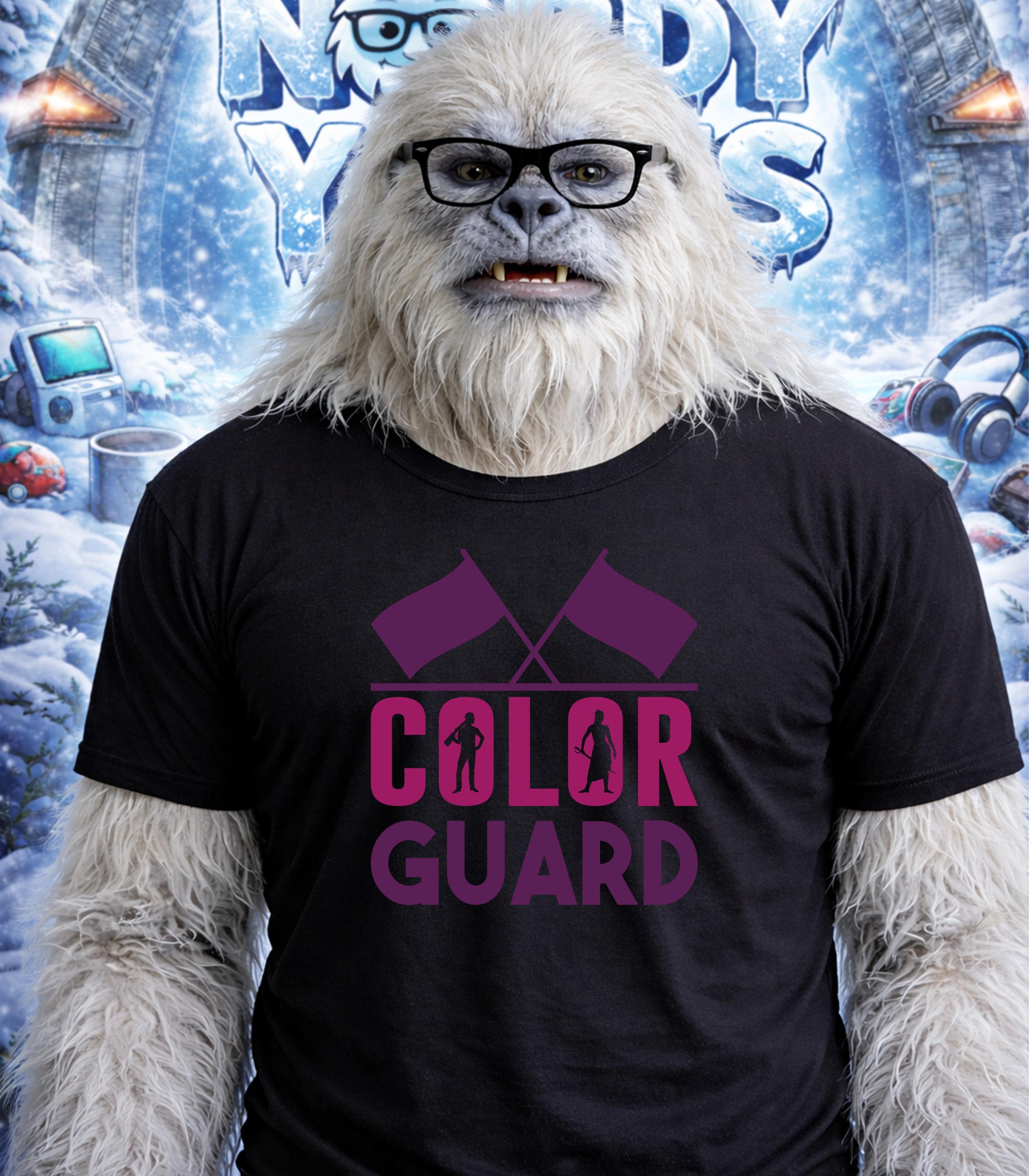 Yeti wearing a black t-shirt with "Color Guard" text and purple flags.