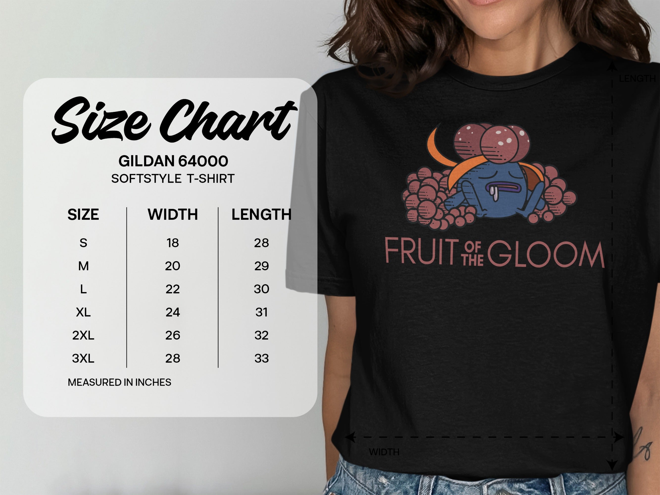 Gildan 64000 softstyle t-shirt size chart with measurements.