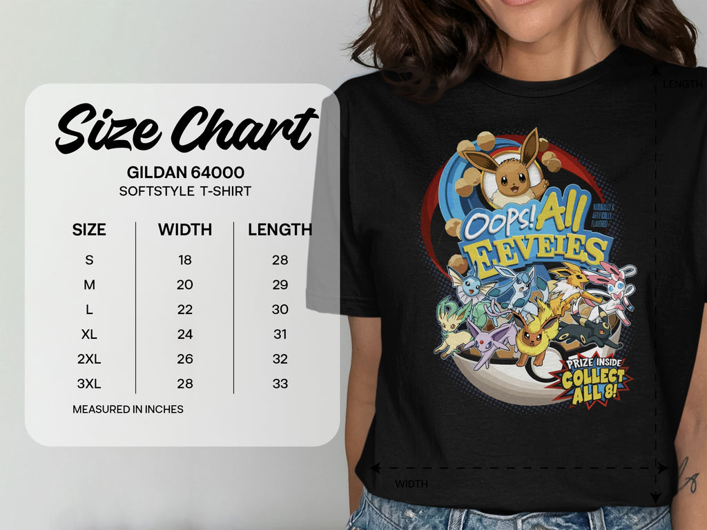 Gildan 64000 t-shirt size chart and "Oops! All Eevees" graphic.