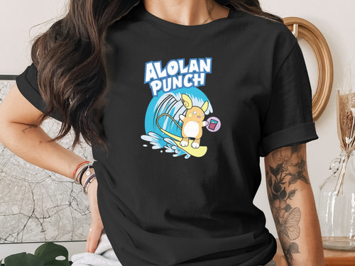 Alolan Punch graphic on a black t-shirt featuring a character surfing a wave.