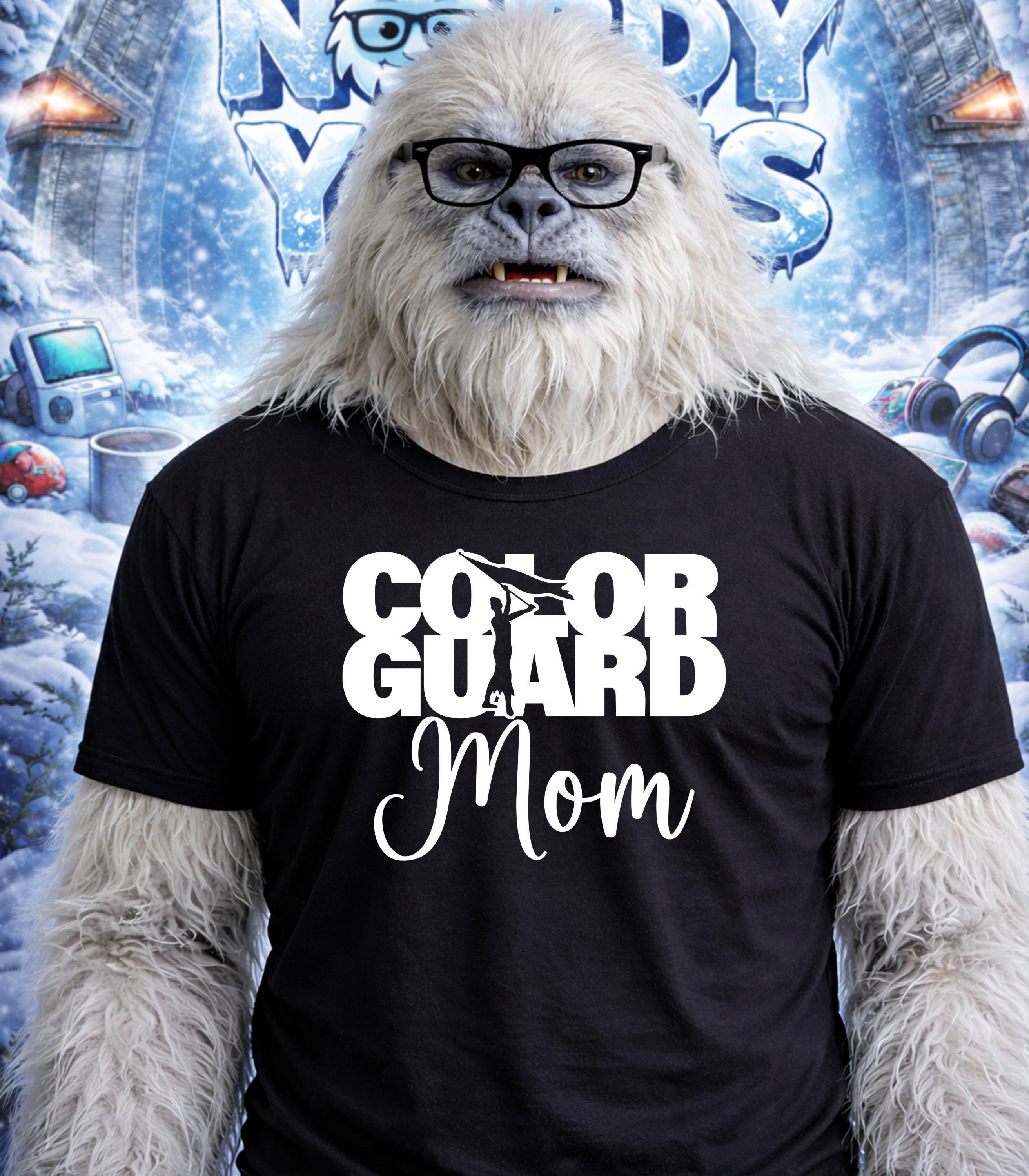 Yeti wearing glasses and a black t-shirt that reads "Color Guard Mom".