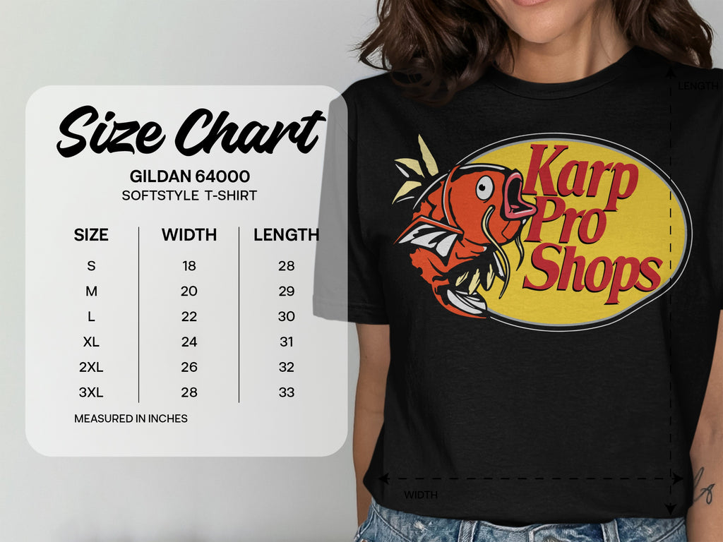 Gildan 64000 t-shirt size chart with Karp Pro Shops logo.