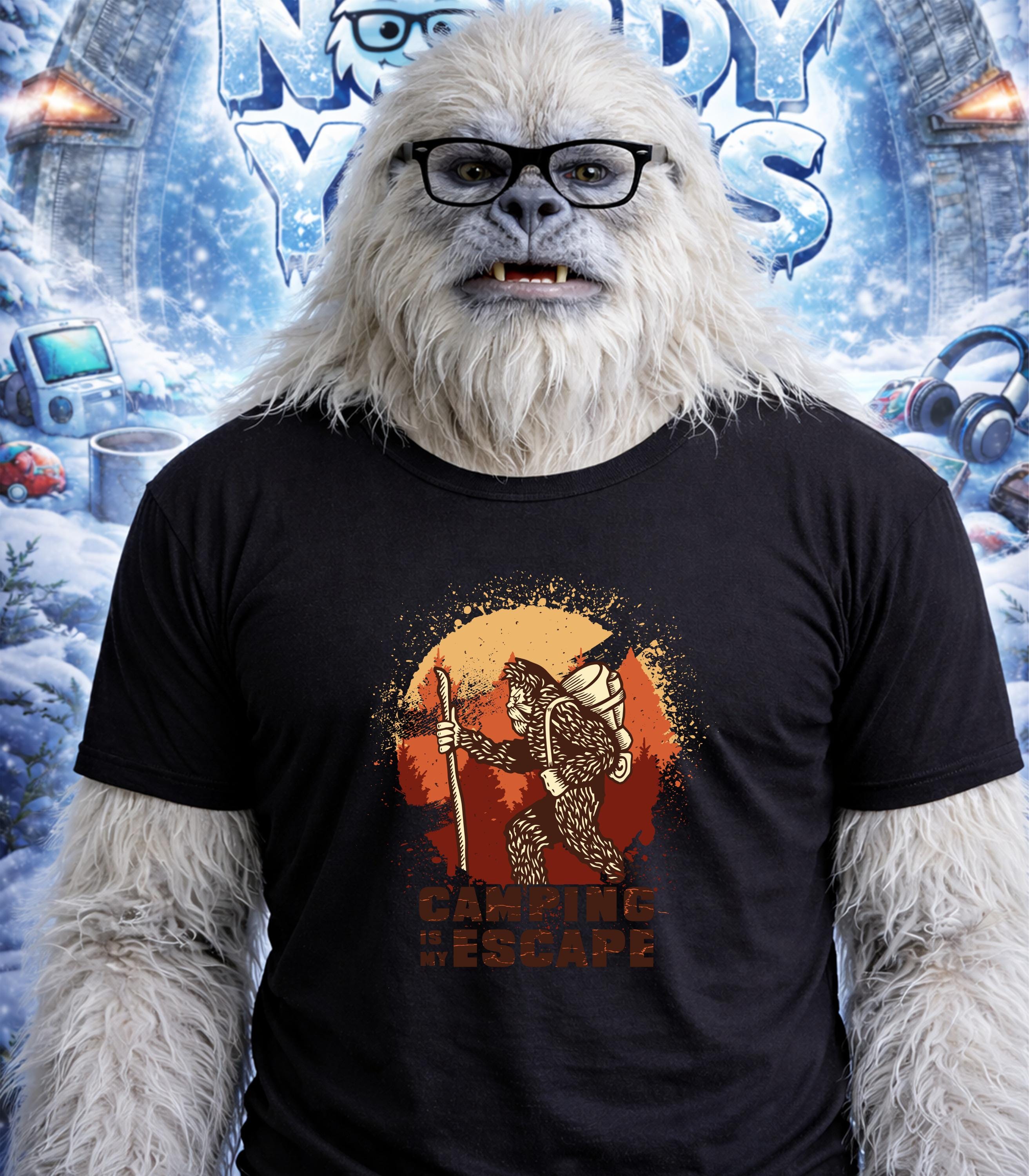 Yeti wearing glasses and a t-shirt with "Camping is my Escape" graphic.