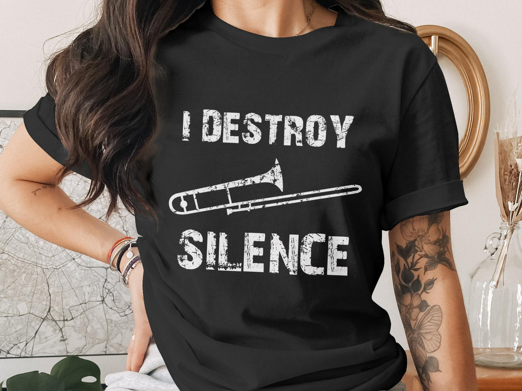 Black t-shirt with "I DESTROY SILENCE" and a trombone graphic.