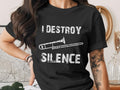 Black t-shirt with "I DESTROY SILENCE" and a trombone graphic.