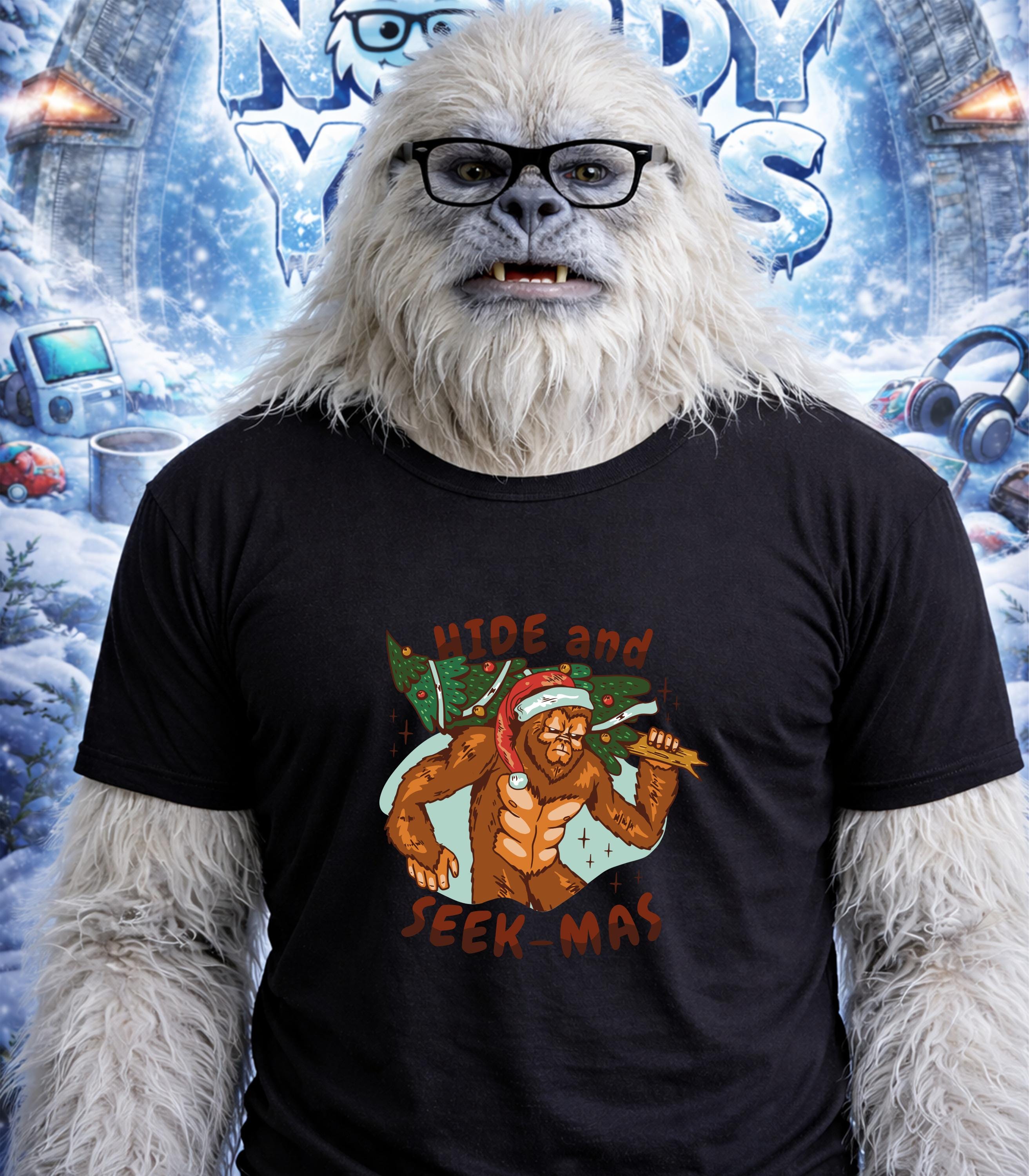 Yeti wearing glasses and a "Hide and Seek-mas" t-shirt.