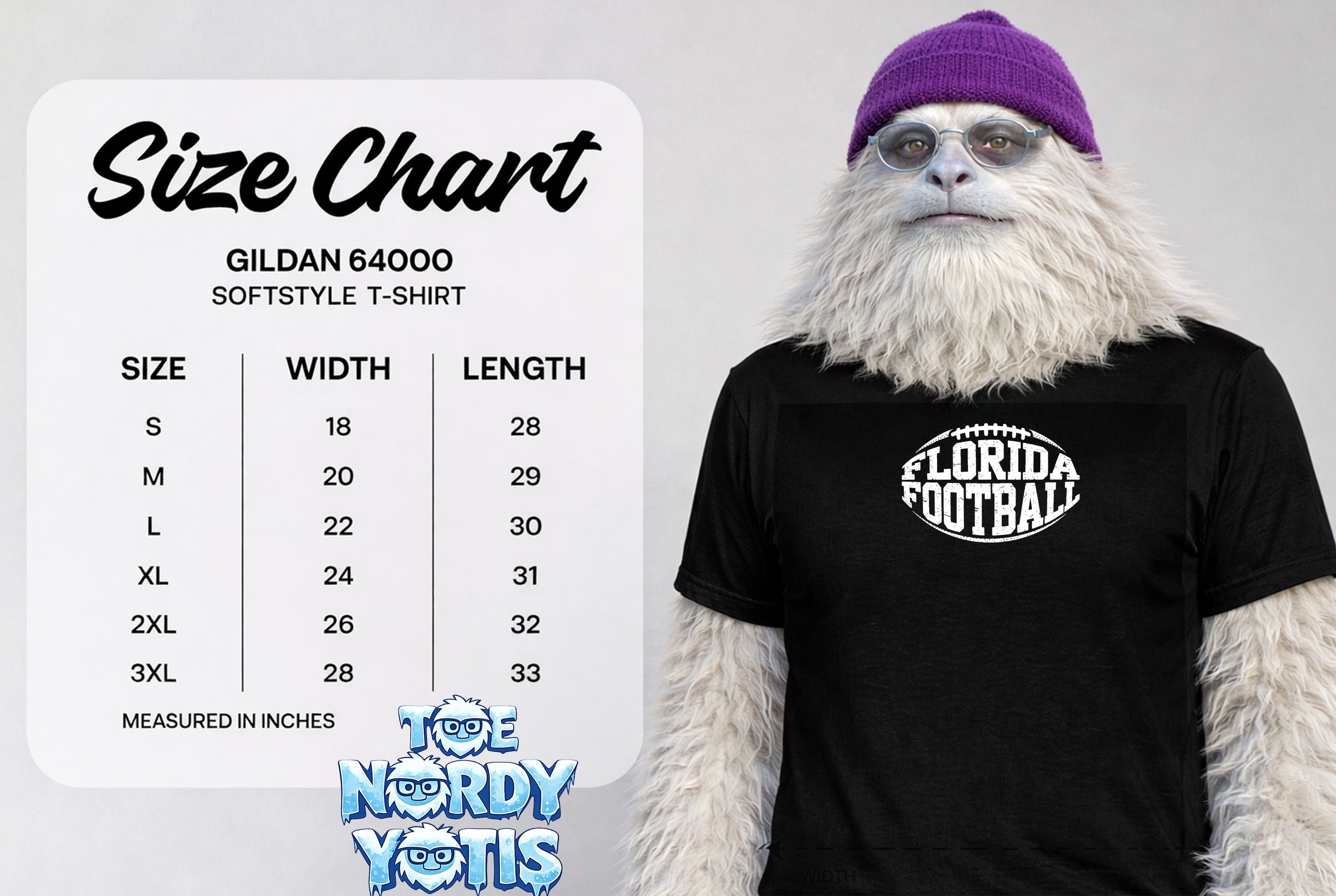 Gildan 64000 Softstyle t-shirt size chart with measurements.