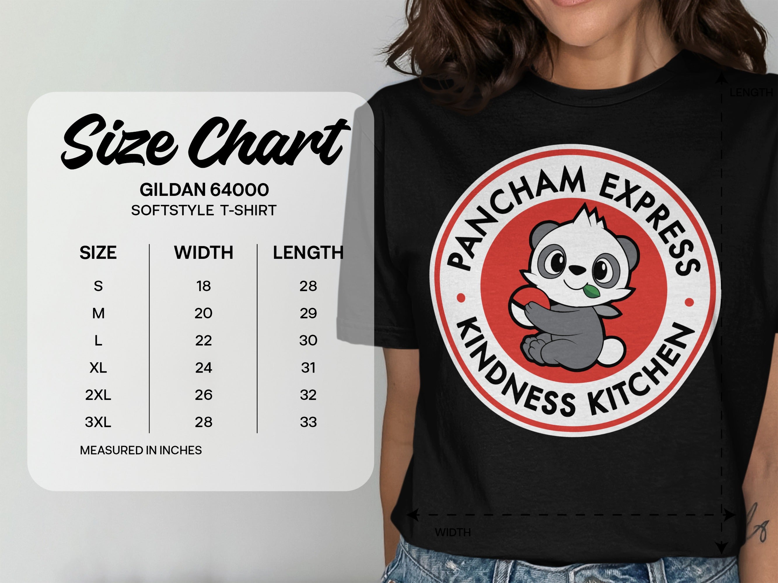 Size chart for Gildan 64000 Softstyle t-shirt with measurements.