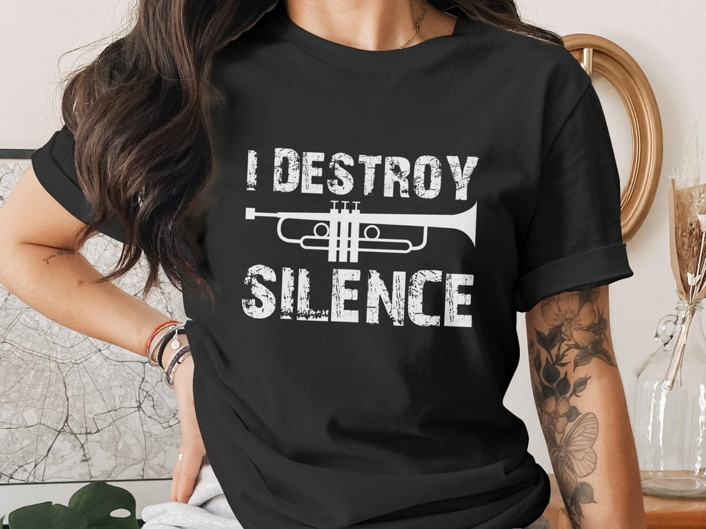 Black t-shirt with white text "I DESTROY SILENCE" and a trumpet graphic.