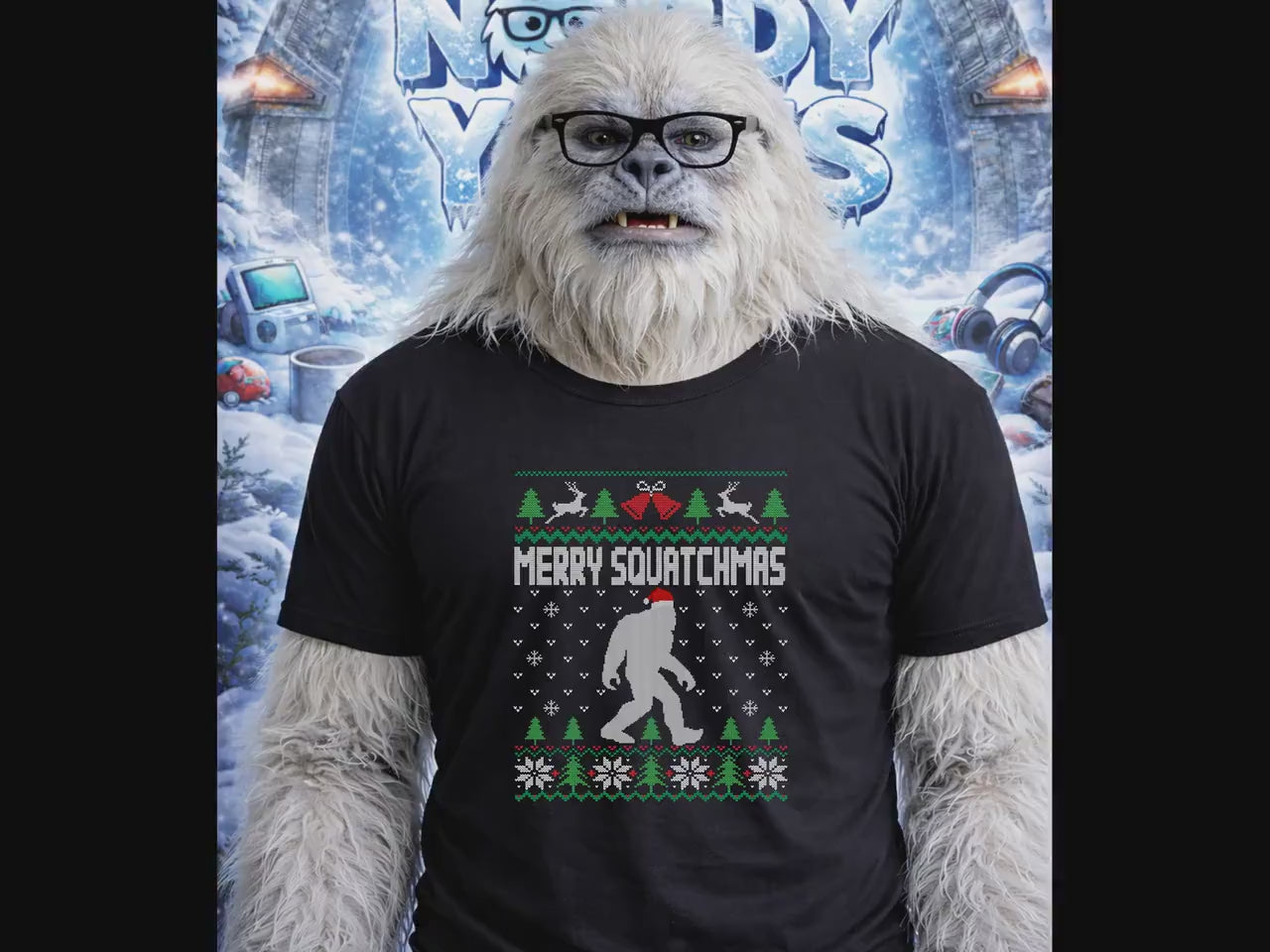 Merry Squatchmas Bigfoot Christmas T-Shirt, Funny Holiday Ugly Sweater Style Graphic Tee, Sasquatch Lover Cryptid Xmas Gift for Him Her